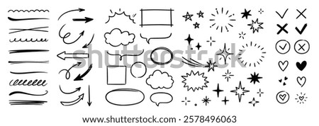 Line arrow hand drawn shape brush underline stroke element vector set. Hand drawn doodle sketch arrow, circle, star brush stroke scribble underline icon. Marker doodle sketch vector illustration