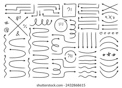 Line arrow hand drawn stroke set. Random angle and spiral, wavy twisted circle curved evolve. Scribble loop round arches, infographic pointers, zigzag elements