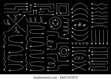 Line arrow hand drawn stroke set. Random angle and spiral, wavy twisted circle curved evolve. Scribble loop round arches, infographic pointers, zigzag elements