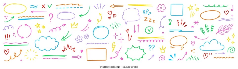 Line arrow icon element set. Hand drawn sketch star, heart marker pen stroke circle, scribble highlight underline elements. Colorful brush emphasis pencil swoosh, flower set. Vector illustration