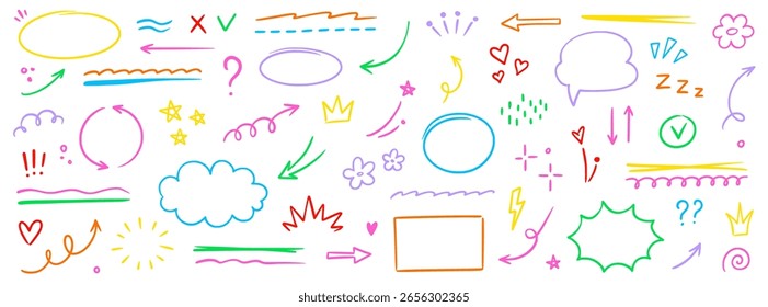 Conjunto de elementos de icono de flecha de línea. Dibujado a mano boceto estrella, marcador de corazón pluma trazo círculo, garabato resaltado subrayar Elementos. Lápiz de énfasis de pincel colorido swoosh, conjunto de flores. Ilustración vectorial