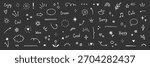 Line arrow, star, heart cute icon elements. Hand drawn sketch heart, arrow, star, flower decoration symbols. Simple sketch line style emphasizes abstract elements on chalkboard. Vector illustration
