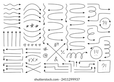 Line arrow trace of straight, wavy, crossed, twisted and curved evolve. Doodle chalk set or pen scribble road direction marker. Spiral strokes trip pointers.