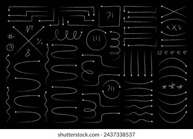 Line arrow trace of straight, wavy, crossed, twisted and curved evolve. Doodle chalk set or pen scribble road direction marker. Spiral strokes trip pointers.