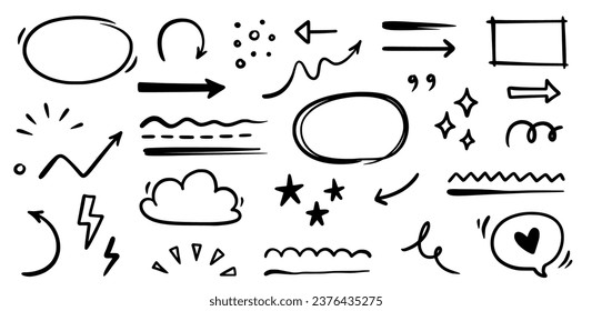 Line arrow, underline, round frame hand drawn vector element set. Hand drawn doodle scribble text highlight, underline, arrow pen stroke style. Doodle grunge rough element. Vector illustration.