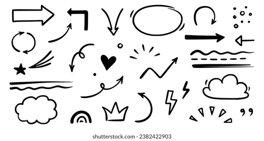 Line arrow, underline, round frame hand drawn vector element set. Hand drawn doodle scribble text highlight, underline, arrow pen stroke style. Doodle grunge rough element. Vector illustration.