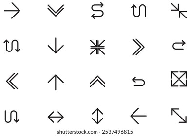 Conjunto de ícones de vetor de Seta de Linha. Conjunto de design de seta, botão, próximo, jogar, rápido. Seta para a direita com linha fina vetorial, minimizar, virar à direita, seta diagonal. Ilustração vetorial.