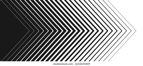 Line arrows, Black line arrows background. Thin to tick speed line concept, sign and symbol. Repeating triangle Gradation pattern arrow. Vector illustration.