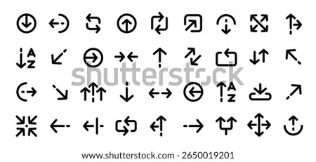 Line arrows. Linear thin arrow symbols. Triple arrows icons, left and right arrow, turn up, double up and down direction arrow pictogram for web, app, UI design. Vector collection.