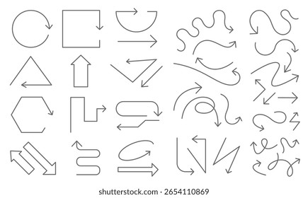 Setas de linha. Minimalista abstrato onda espiral ziguezague curva bobina torcer seta elementos decorativos, moderno fino monoline seta doodle sinais. Conjunto de gráficos vetoriais.