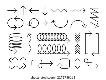 Line arrows. Minimalist doodle geometric pointers different forms, simple thin linear spiral zigzag wave loop marker symbols. Vector isolated set. Right, left, up and down direction, curves