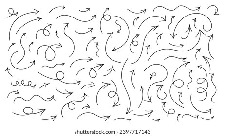 Line arrows set. Hand drawn doodle thin graphic. Curvy and wavy arrows, vector illustration isolated on white background.