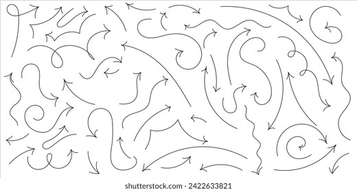 Se establecen flechas de línea. Las flechas establecen la ilustración de mano vector.Elementos de diseño del doodle vectorial aislados en el fondo blanco.
