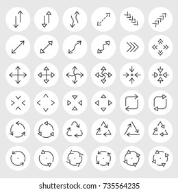 Line arrows and signs vector icons set. Different states, types and directions of the arrows, double arrow, curved, triangle, angled, circled, crossed and other navigation arrows
