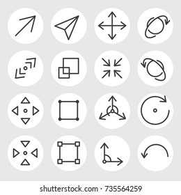 Line Arrows And Signs Vector Icons Set. Different States, Types And Directions Of The Arrows, Double Arrow, Curved, Triangle, Angled, Outward, Inward, Angle, Backward, Rotate, Scale, Size And Other 