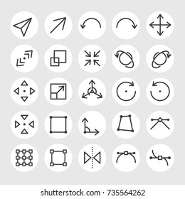 Line arrows and signs vector icons set. Different states, types and directions of the arrows, double arrow, curved, triangle, angled, outward, inward, angle, backward, rotate, scale, size and other 