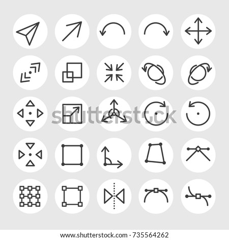 Line arrows and signs vector icons set. Different states, types and directions of the arrows, double arrow, curved, triangle, angled, outward, inward, angle, backward, rotate, scale, size and other 