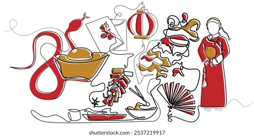 line art of 2025 Chinese New Year celebration.share types of Chinese New Year decorations drawn in one line.vector illustration