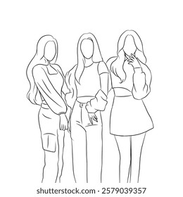 Line art of 3 women in a simple pose. vector illustration. 