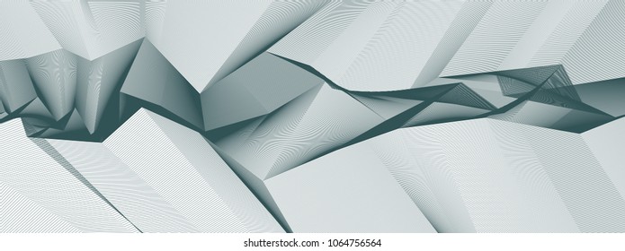 Line art 3d abstract vector background with geometric linear terrain surface of fantastic cosmic planet landscape, science fiction illustration.