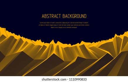 Line art 3d abstract vector background with geometric linear terrain surface of fantastic cosmic planet landscape, science fiction illustration.