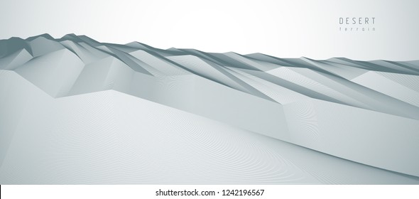 Line art 3d abstract vector background with geometric linear terrain surface of fantastic cosmic planet landscape, science fiction illustration.