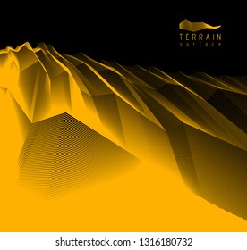Line art 3d abstract vector background with geometric linear terrain surface of fantastic cosmic planet landscape, science fiction illustration. 