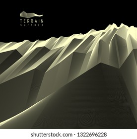 Line art 3d abstract vector background with geometric linear terrain surface of fantastic cosmic planet landscape, science fiction illustration.