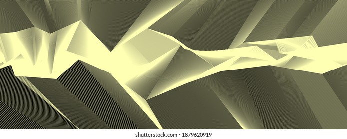 Line art 3d abstract vector background with geometric linear terrain surface of fantastic cosmic planet landscape, science fiction illustration.