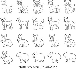 Line art of 4 cute animals: capybara, rabbit, cat, dog.