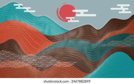 LINE ART ABSTRACT BACKGROUND, MOUNTAIN LANDSCAPE, JAPANESE STYLE, WALLPAPER, INVITATION, POSTER	