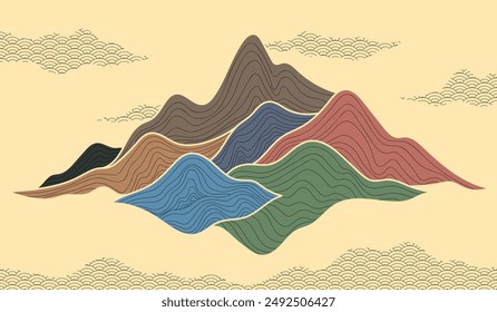 LINE ART ABSTRACT BACKGROUND, MOUNTAIN LANDSCAPE, JAPANESE STYLE, WALLPAPER, INVITATION, POSTER