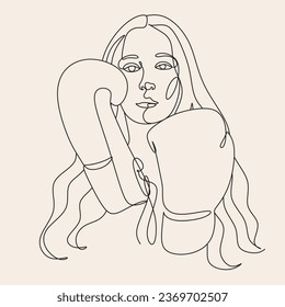 Line art abstract beautiful woman in boxing gloves. Kickboxing woman in gym