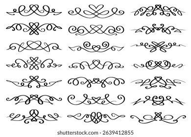 Line art abstract calligraphic design elements. Curved decorative borders with swirls and hearts. Collection of text dividers, abstract paragraph separators, luxury borders.