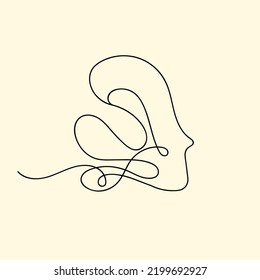 Cara abstracta de arte de línea. Logo del retrato de perfil. Icono decorativo aislado en el fondo de la luz. Signo gráfico de corte. Elegante. Dibujo de hilos de caracteres en la cara de caracteres.