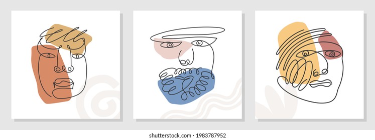 Line art abstract faces. Different emotions and facial expressions. Contemporary minimal style graphics. Vector illustrations. 