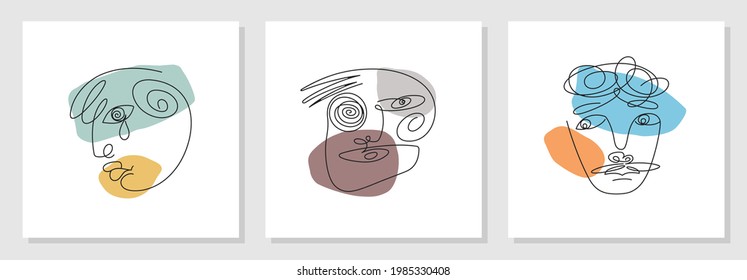 Line art abstract faces. Different emotions and facial expressions. Contemporary minimal style graphics. Vector illustrations.