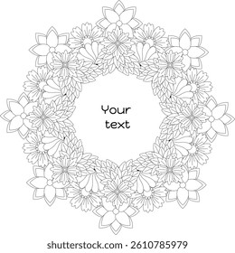 line art abstract floral pattern in a circle black and white with space in the center for text