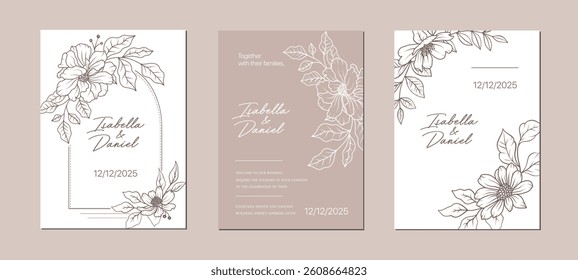 Line art abstract flower wedding card design. Hand drawn floral pattern background template. Elegant luxury spring botanical border invitation. Vector vintage decoration illustration