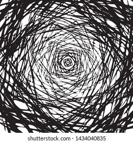 Line Art Abstract Form, Black Grunge Rose Background, Birds Nest Abstract, Wave Mesh Random Chaotic Lines Contemporary Art Illustration with Black White