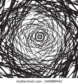 Abstrakte Form der Linie, schwarzer Grunge Rose Hintergrund, abstrakter Vogelnest, gewaschener Mesh Random Chaotic Lines Zeitgenössische Kunstillustration mit Schwarz-Weiß