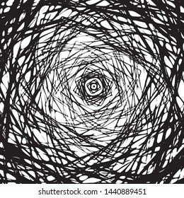 Line Art Abstract Form, Black Grunge Rose Background, Birds Nest Abstract, Wave Mesh Random Chaotic Lines Contemporary Art Illustration with Black White