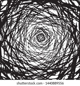 Line Art Abstract Form, Black Grunge Rose Background, Birds Nest Abstract, Wave Mesh Random Chaotic Lines Contemporary Art Illustration with Black White