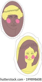 Line art with abstract girls in frame with flowers and leaves on brown and yellow background