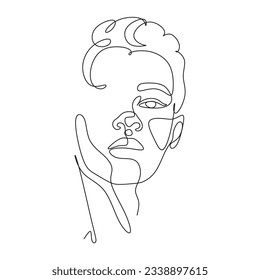 Line art abstract minimal man poster illustration. Continuous line portrait, face and hairstyle drawing, fashion concept, minimalism, vector illustration for t-shirt print, poster, postcard, decor.