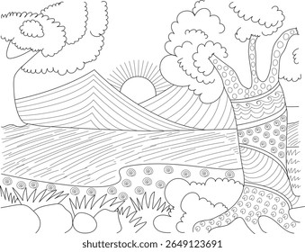 Line Art Abstract Mountain Landscape with Sun and Trees for Coloring Book Page or Adult Relaxation. Serene Hand Drawn Nature Scene with Artistic Patterns, Perfect for Mindful Creative Activity.