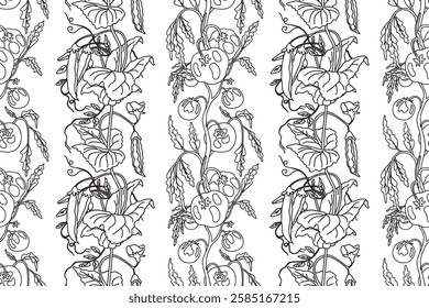 Line art abstract seamless pattern with growing tomatoes and peas vector illustration. Hand drawn outline repeating vegetables pattern in white background. Graphic design for Wallpaper Coloring Book
