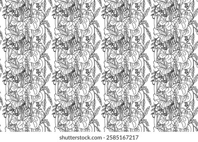 Line art abstract seamless pattern with growing tomatoes and peas vector illustration. Hand drawn outline repeating vegetables pattern in white background. Graphic design for Wallpaper Coloring Book