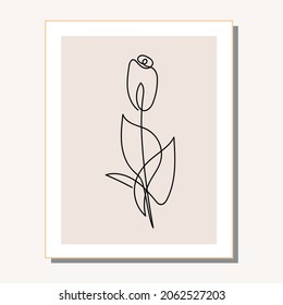 Line art abstract simple flower in frame. Floral sketch. Minimal art for home decor modern interior. Vector illustration. 