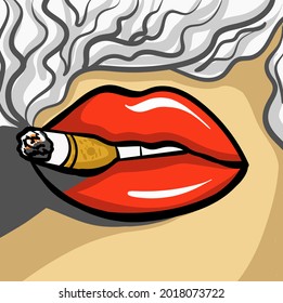 Line art with abstract smoking red lips. Cigarette illustration. Doodles and lines abstract hand-drawn vector art.